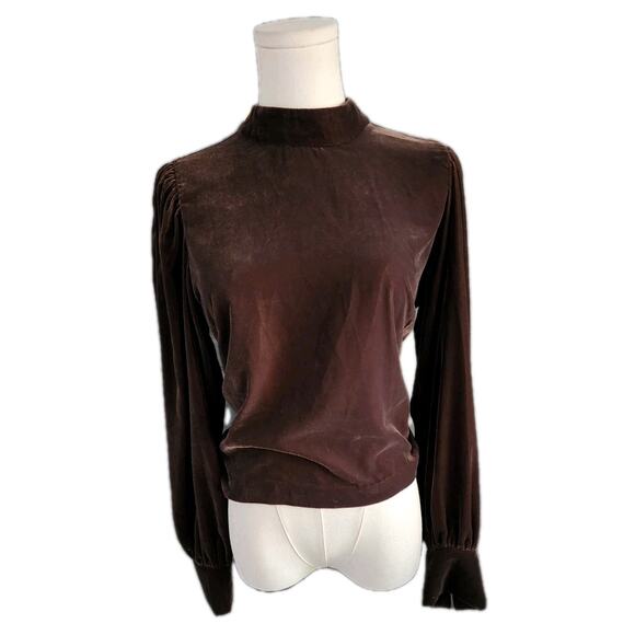 Banana Republic Blouse Womens Chocolate Velvet Mock Neck Open Back Tie Waist Med - Picture 2 of 8